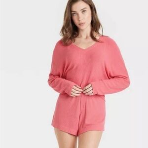 Auden Coral Pink Cozy Ribbed Lounge Set |Pullover & Shorts XXL